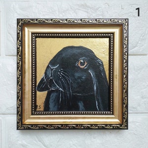 Black rabbit painting original golden framed picture Small animal art Cute rabbit portrait Bunny painting Birthday gift for woman