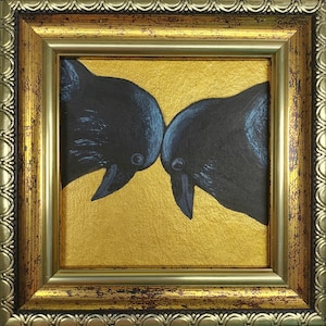 Crow Painting Original Raven Art Two crows painting Black Bird artwork small hand painting Golden Painting Framed