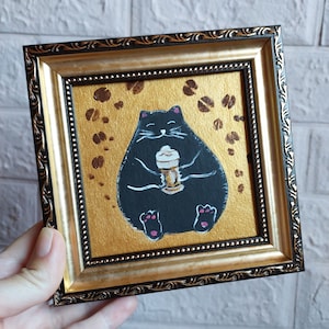 Black cat and coffee oil Painting gold original artwork framed Funny cat morning coffee painting original framed art animals
