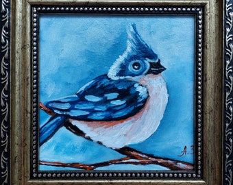 Tufted Titmouse Oil Painting: Bird on Branch, Gold Frame, 4x4" Original Art