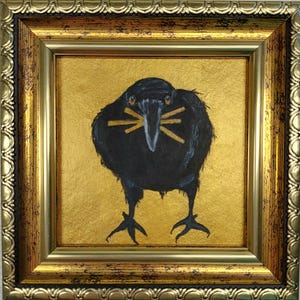Crow Painting Bird small painting Crow with french fries art Raven Wall Art Golden Painting Framed Black Bird Artwork