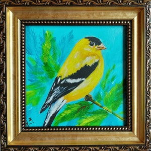 Goldfinch painting Yellow bird painting oil original Small Framed Painting Hand Painted 4x4 Artwork Gifts Bird Wall Art
