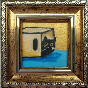 Framed Miniature Black Cat Painting: Funny Kitten in a Box Art