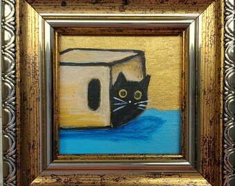 Framed Miniature Black Cat Painting: Funny Kitten in a Box Art