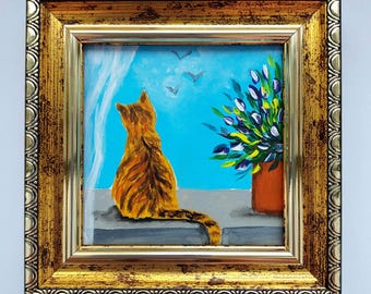 Tabby Cat Oil Painting: Miniature Handmade Art, Framed 3x3 in
