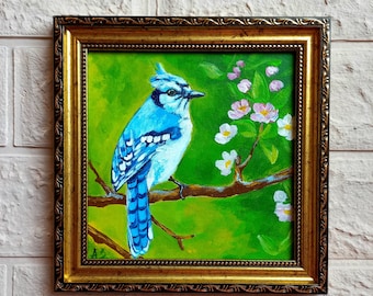 Blue Jay Bird Original Oil Painting Blue Jay on a Branch Wall Art Painting Framed Blue Bird Art