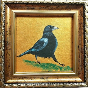 Small painting crow Bird black crow art Raven portrait Wall Art Golden Painting Framed Bird Artwork