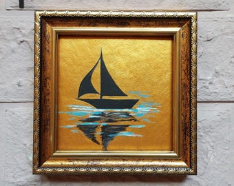 Small Sailboat Oil Painting: Michigan Seascape Art on Gold