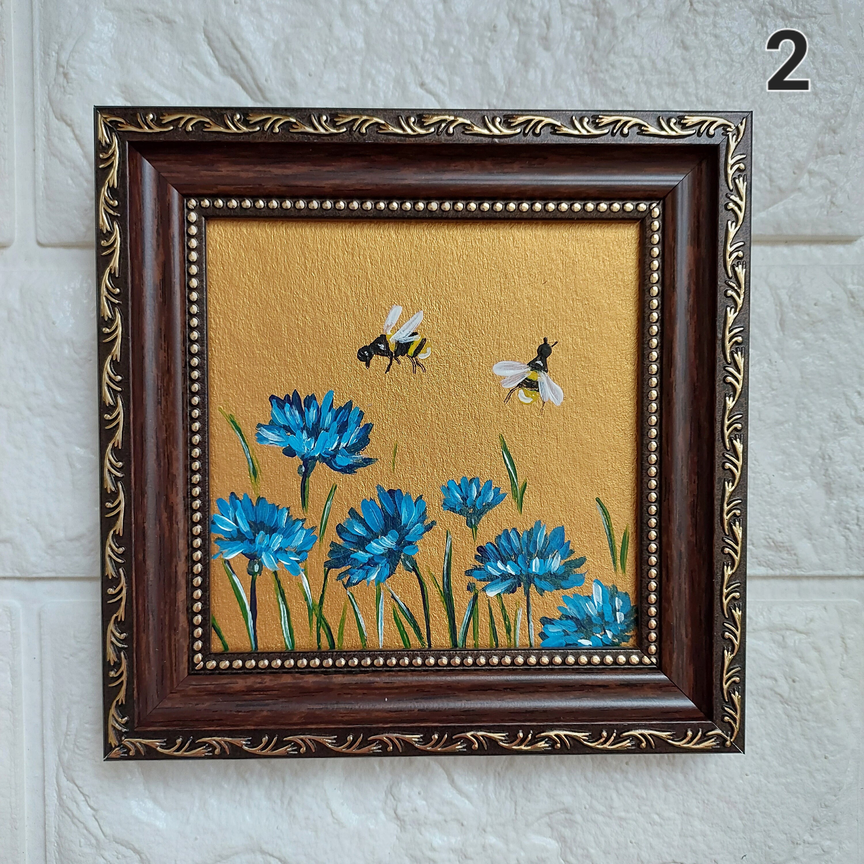 Original Bee Oil Painting, Gold Frame: Honeybee on Wildflower, 4x4 - Etsy