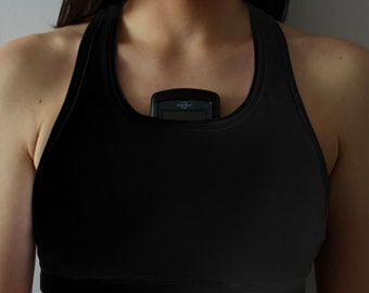 Black Sports bra with inside pocket for diabetes and travel