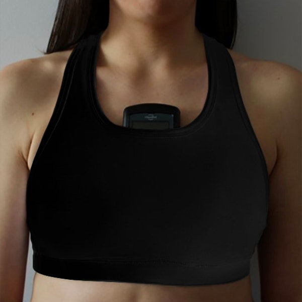 Black Sports bra with inside pocket for diabetes and travel