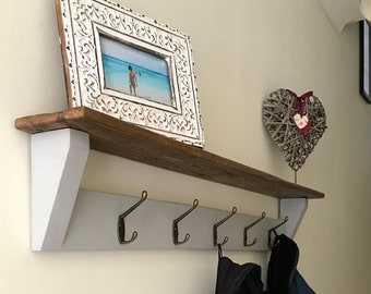 Beautiful Coat Rack With Natural Wood Shelf. Painted Grey Coat Rack With Oak Shelf. Reclaimed wood.