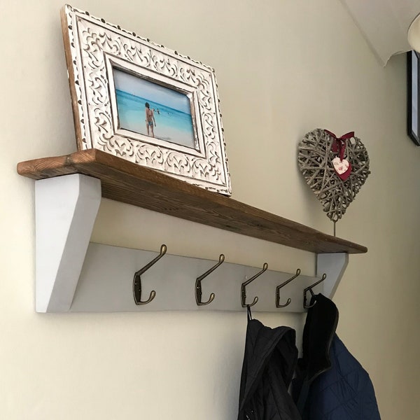 Beautiful Coat Rack With Natural Wood Shelf. Painted Grey Coat Rack With Oak Shelf. Reclaimed wood.