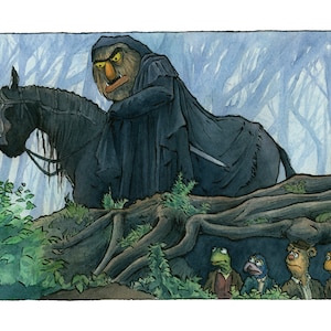 May include: A Muppet character dressed in a black cloak and riding a black horse through a misty forest. Three other Muppets are hiding behind a large tree root, watching the rider.