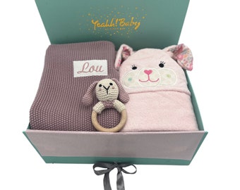 Bath time is cuddle time! Girl&#39;s gift for birth in a high-quality box, personalized blanket with name, bath towel and rattle
