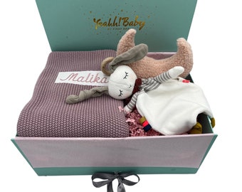 Baby Schmusegeschenk - mit Decke mit Namen, Mond Spieluhr & Schmusetuch