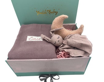 Good night gift for birth - with blanket with name, moon music box & bunny cuddle cloth