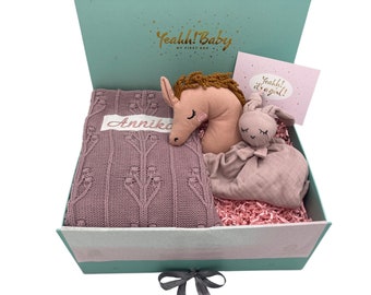 cadeau de bébé tellement doux - avec couverture avec nom, boîte à musique cheval et couverture câline lapin