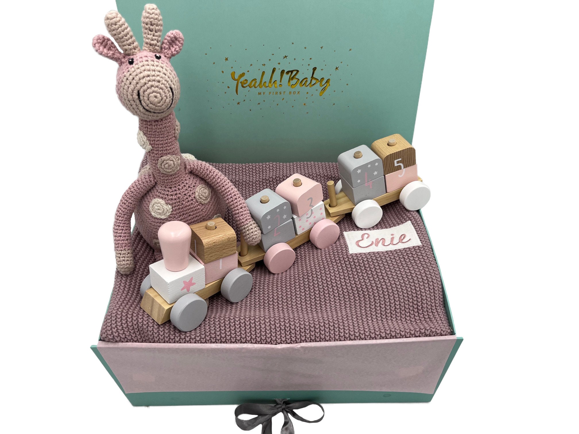 Girl's gift in exclusive box with blanket with name, handmade cuddly toy and Holt train