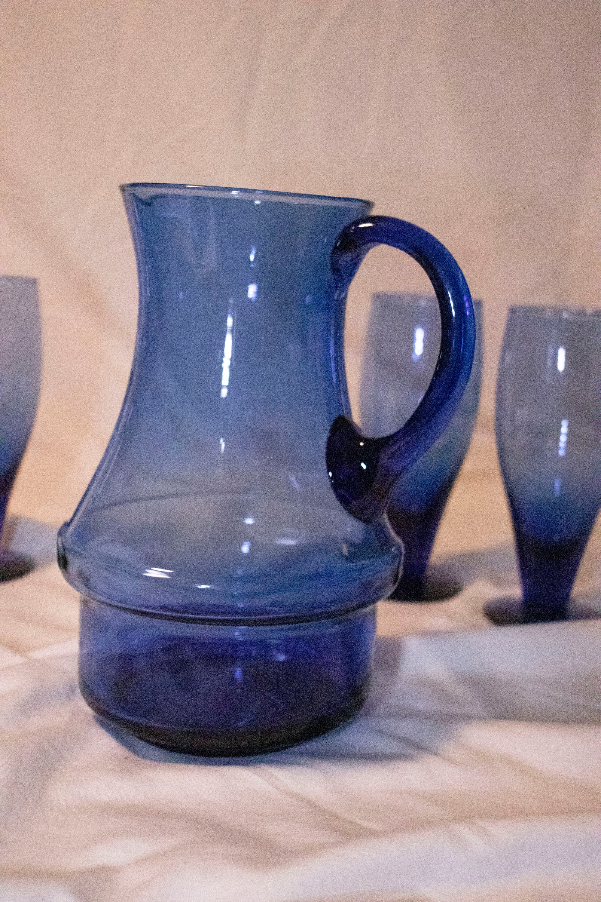 Vintage Cobalt Blue Hand Blown Pitcher and 4 Glasses Made in - Etsy