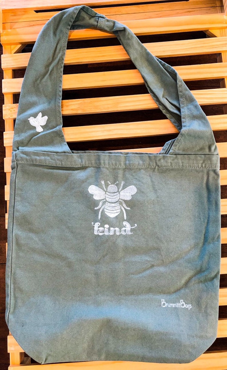 Bee Kind inside pocket boho accessory sling bag green bag Large canvas tote mom gift gift for her gift for gardeners nature lover
