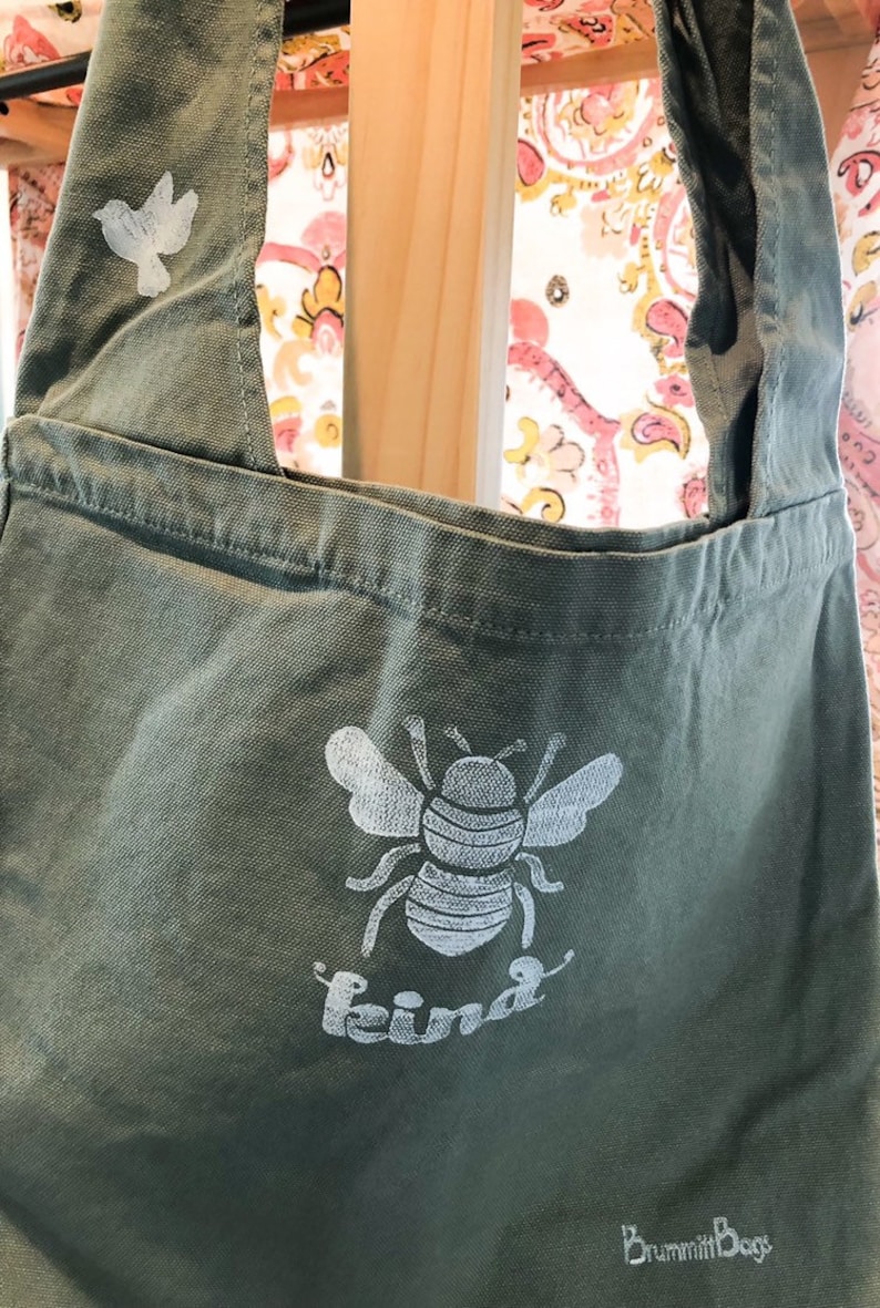 Bee Kind inside pocket boho accessory sling bag green bag Large canvas tote mom gift gift for her gift for gardeners nature lover