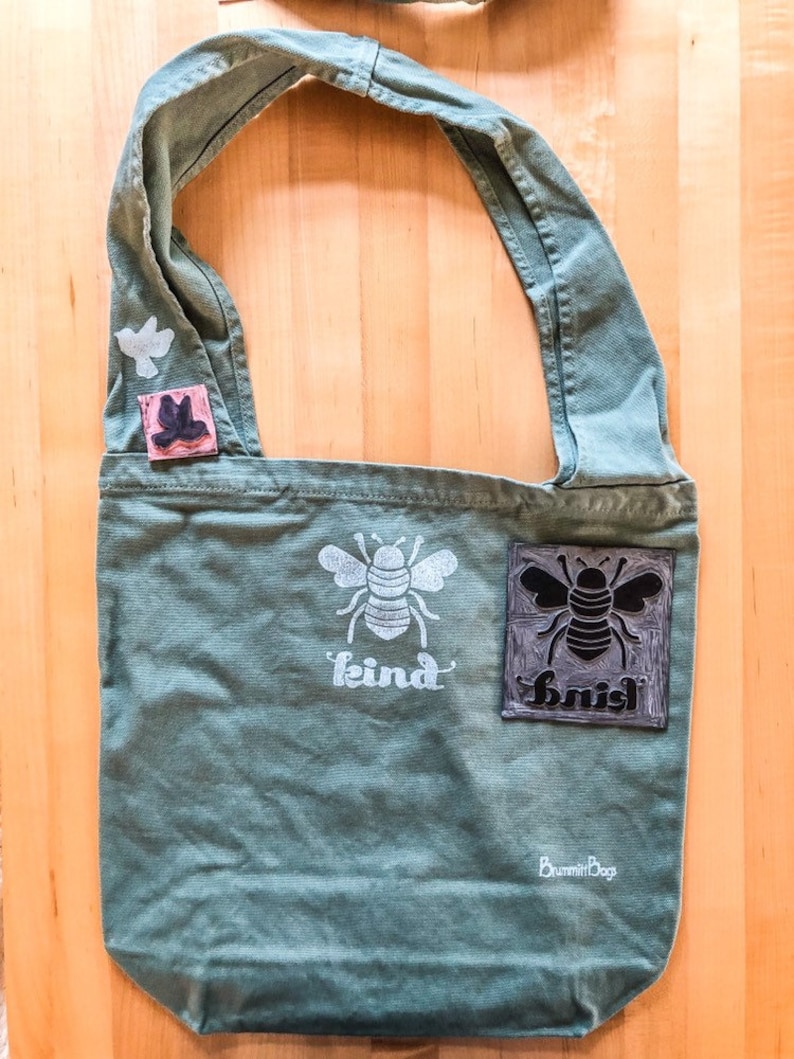 Bee Kind inside pocket boho accessory sling bag green bag Large canvas tote mom gift gift for her gift for gardeners nature lover
