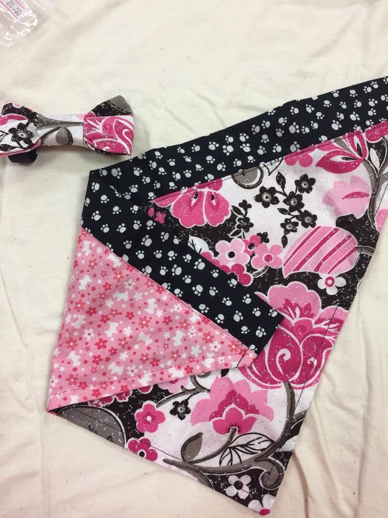double sided bandana SmallMedium Bow tie and Bandana Floral Pink Polka dot set