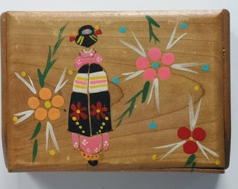 A Vintage Hand Painted Japanese wooden Box, Circa 1960