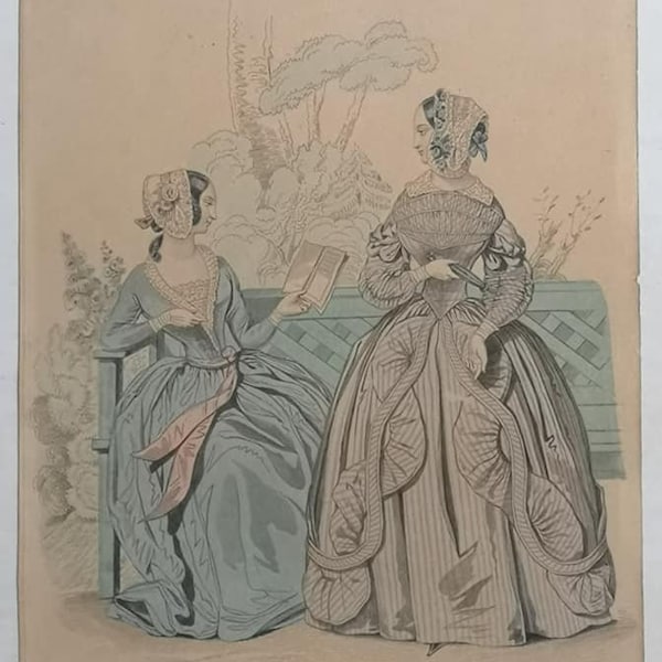 Antique Engraving Le Follet Parisian Fashion Illustration 'Toilettes de soirée et de spectacle', October 1842 with Antique Dealer Label