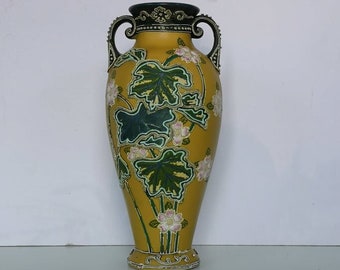 Antique NIPPON Moriage Two Handle Vase With Flowers, Pre Nippon Late 19th Century