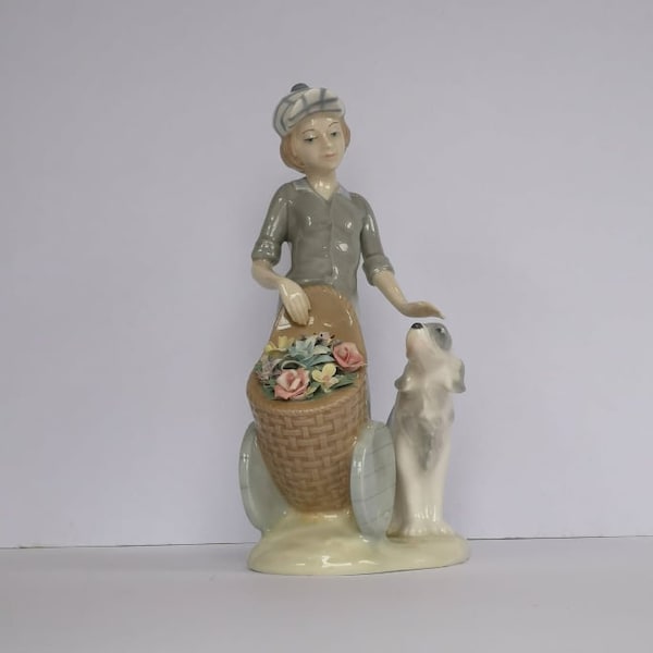 Vintage Spanish Mediflor Valencia Porcelain LLadro Style Flower Seller Girl With Dog