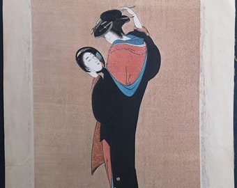 After Kitagawa Utamaro (1754–1806) Naniwa Okita Admiring Herself in a Mirror, Original Polychrome  Japanese Woodblock Print Meiji Period