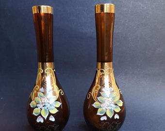 Lovely Pair Of Hand Painted Enamelled Italian Brown Glass Vases Circa 1960's