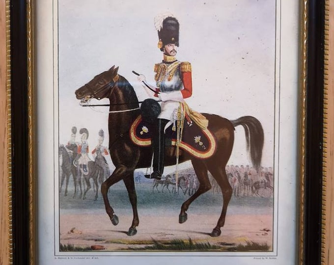 Antique Military Print, Officers Of the British Army No.15 2nd Regt. Of Life Guards Antique Framed Lithograph Print Circa 1830, 17cm x 14cm
