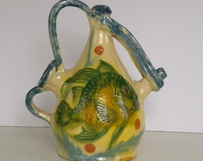 A Spanish Hand Painted Lead Glazed Earthenware Bottle/Pitcher, Signed; Cuenca, First Quarter of 20th Century