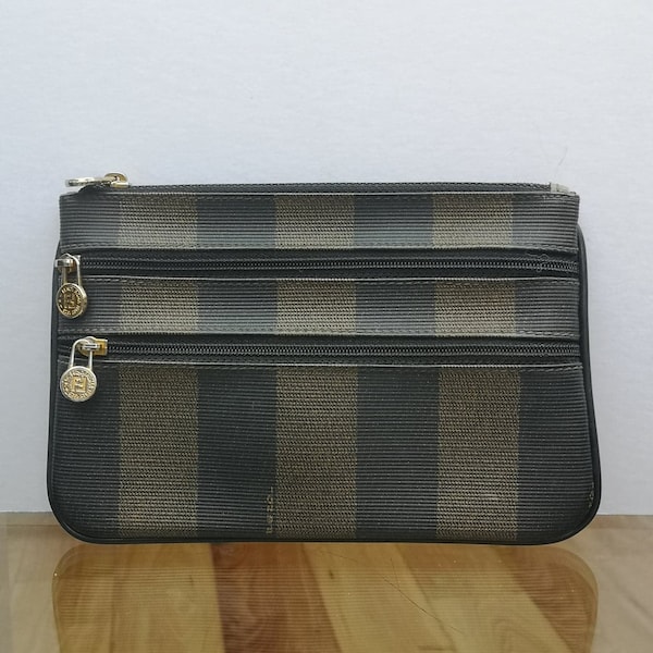 A Vintage Fendi Roma Italy 1925 Pequin Striped Small Vinyl Canvas Pouch Bag, 1985-1990's