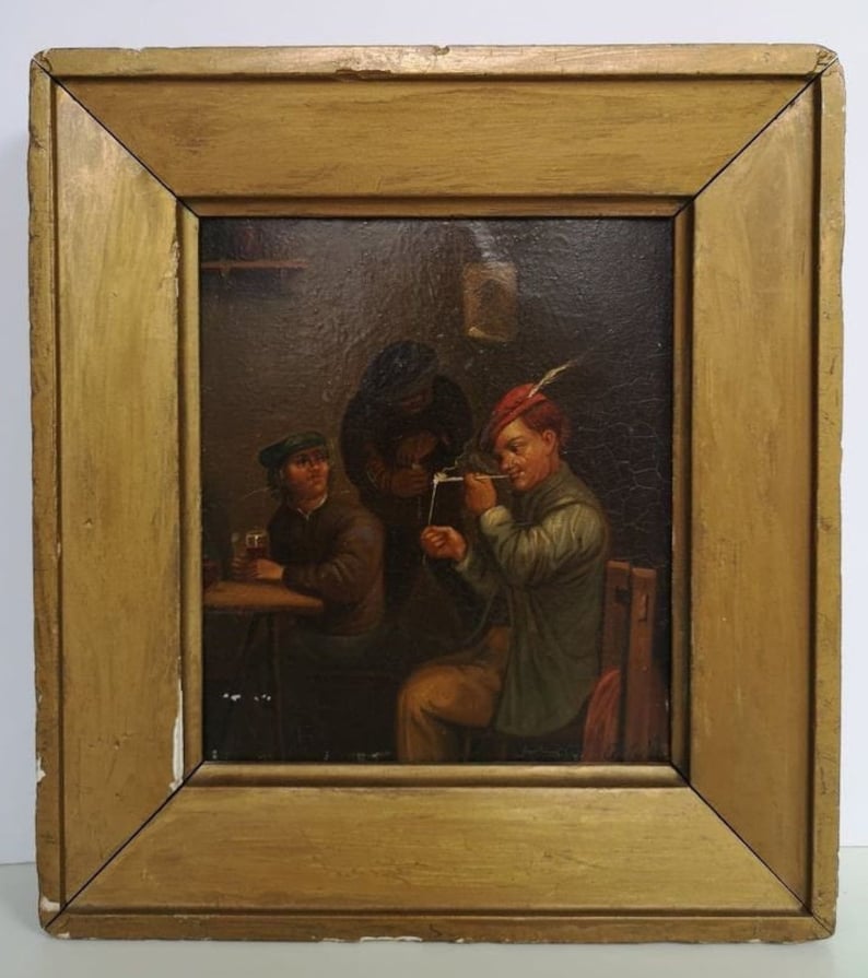 Manner Of ADRIAEN BROUWER Three Peasants Signed Oil On Copper, Dutch School Early 19th Century image 2