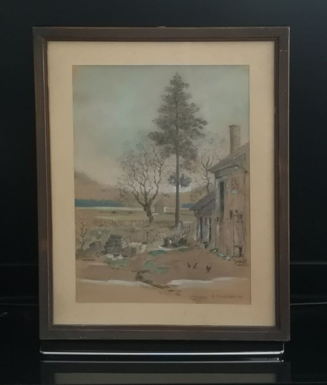 German Postwar Charcoal and Watercolour Landscape Painting by Walter