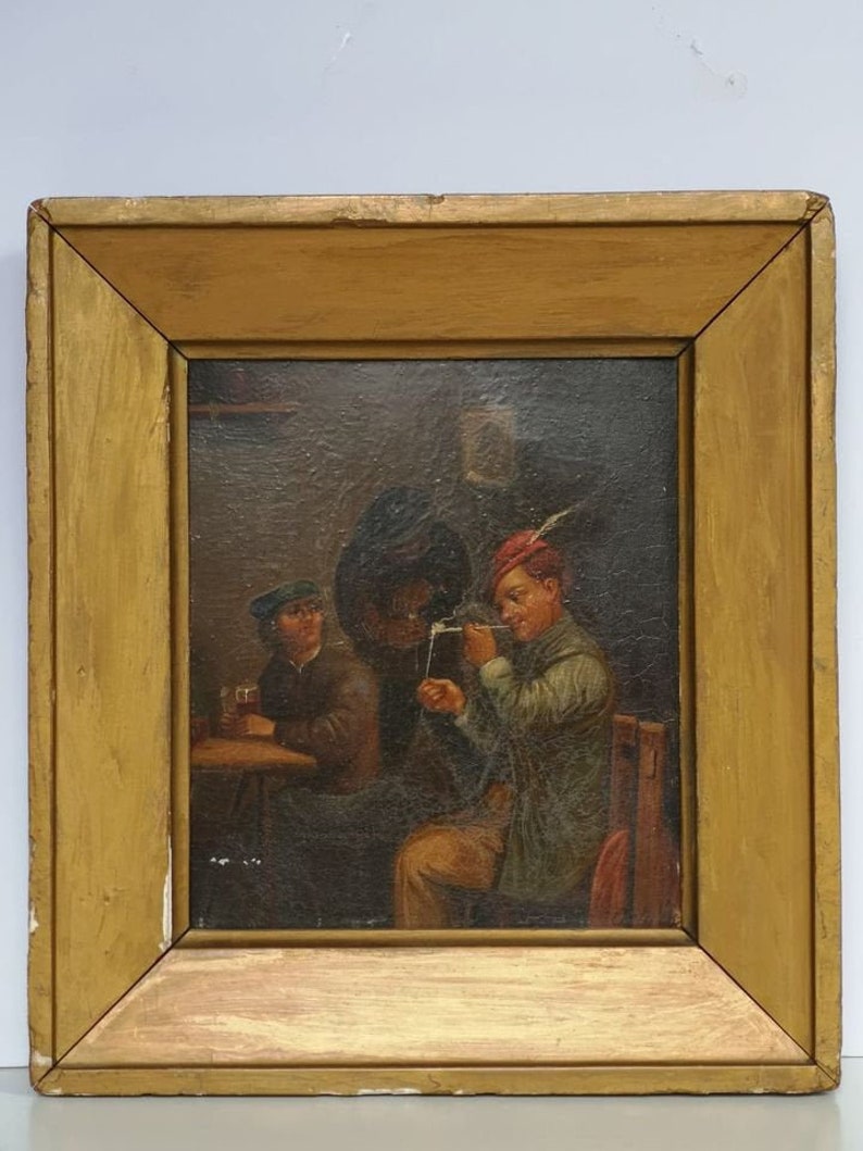 Manner Of ADRIAEN BROUWER Three Peasants Signed Oil On Copper, Dutch School Early 19th Century image 1