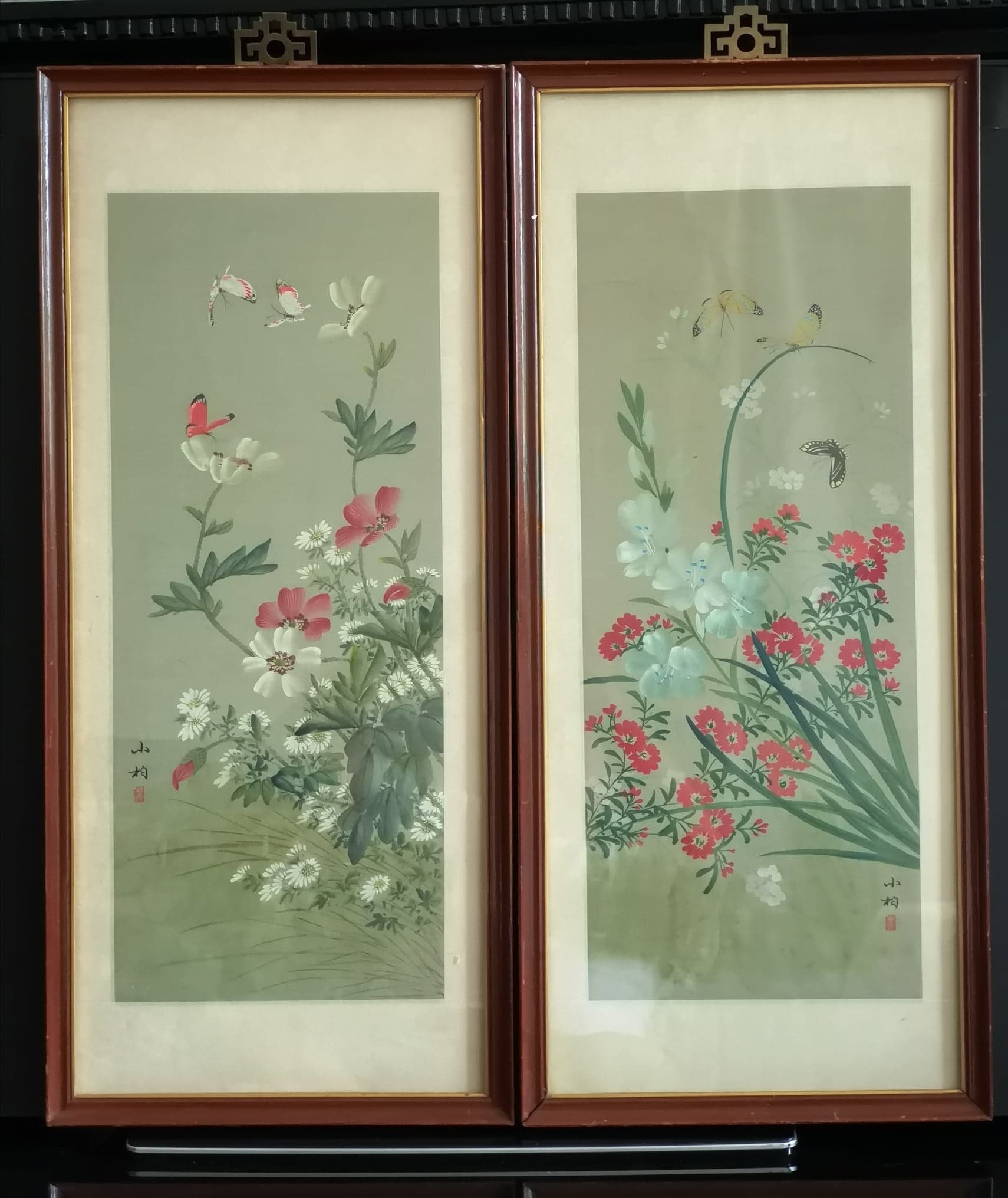 Pair of Chinese Silk Paintings, Flowers and Butterflies, Ca. 1940's Etsy UK