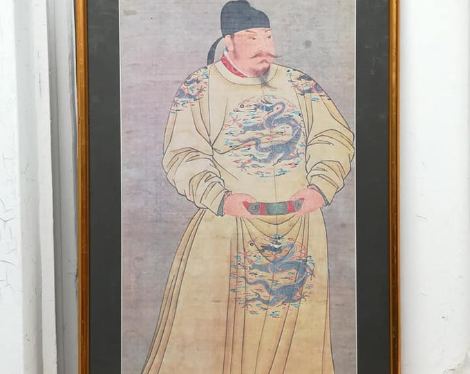 Chinese Tang Dynasty Scroll Painting Depicting Emperor Taizong, Reproduction On Silk-Paper By Famous Nignesha (二 玄 社) Japan, 32 " H x 18" W