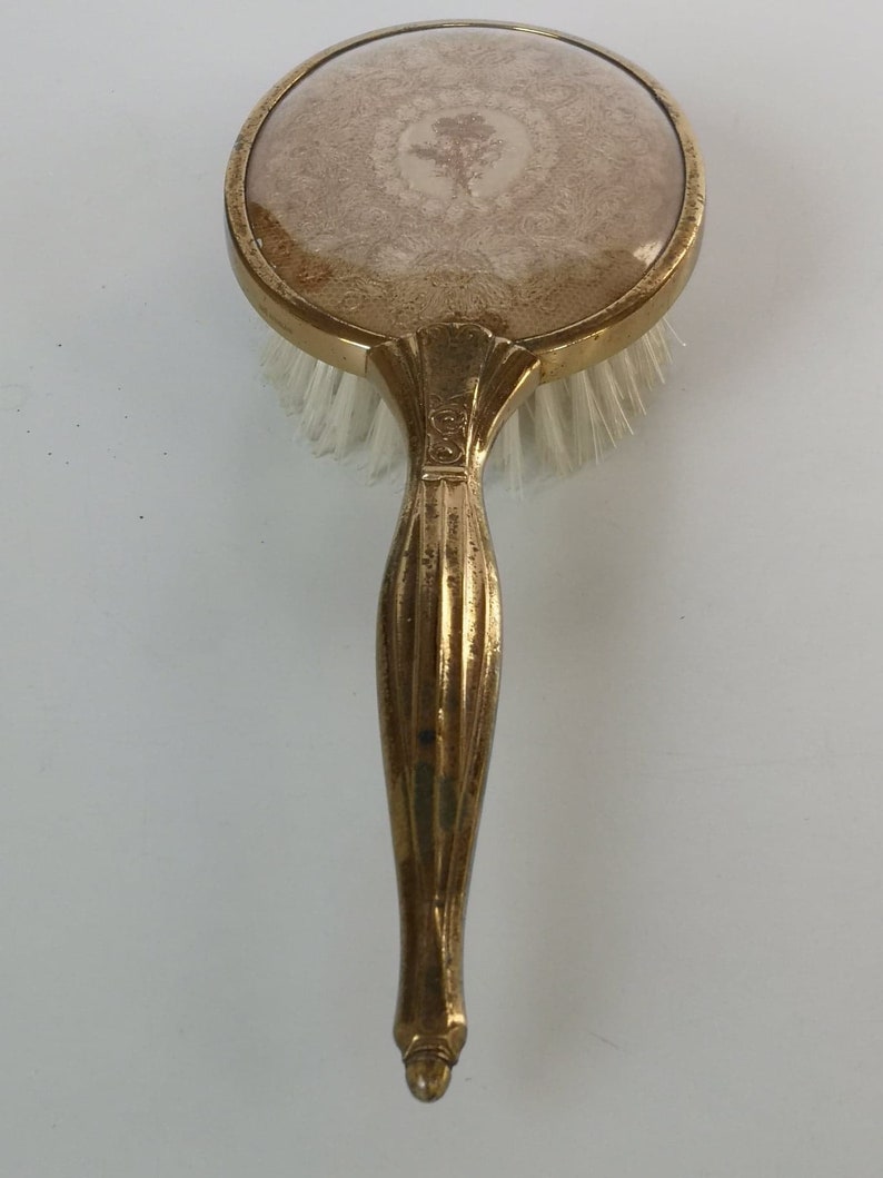 Antique Victorian Embroidered Fabric Hair Brush With Brass Finish, Ca