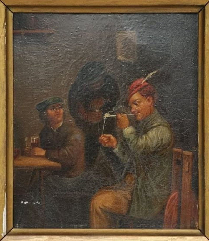 Manner Of ADRIAEN BROUWER Three Peasants Signed Oil On Copper, Dutch School Early 19th Century image 3