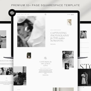 Könnte beinhalten: Eine Squarespace-Website-Vorlage, die auf einem Laptop-Bildschirm angezeigt wird. Das Website-Design zeichnet sich durch eine minimalistische Ästhetik mit Schwarz-Weiß-Fotografie aus. Auf dem Bildschirm steht "Captivating Photography for the Modern Romantic."
