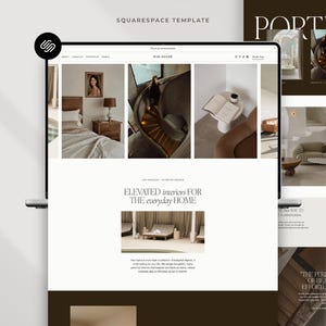 May include: A digital display of a website template titled Rue House, featuring a navigation menu, a hero section with three interior design images, and the text Elevated interiors for the everyday home, set against a dark brown background.
