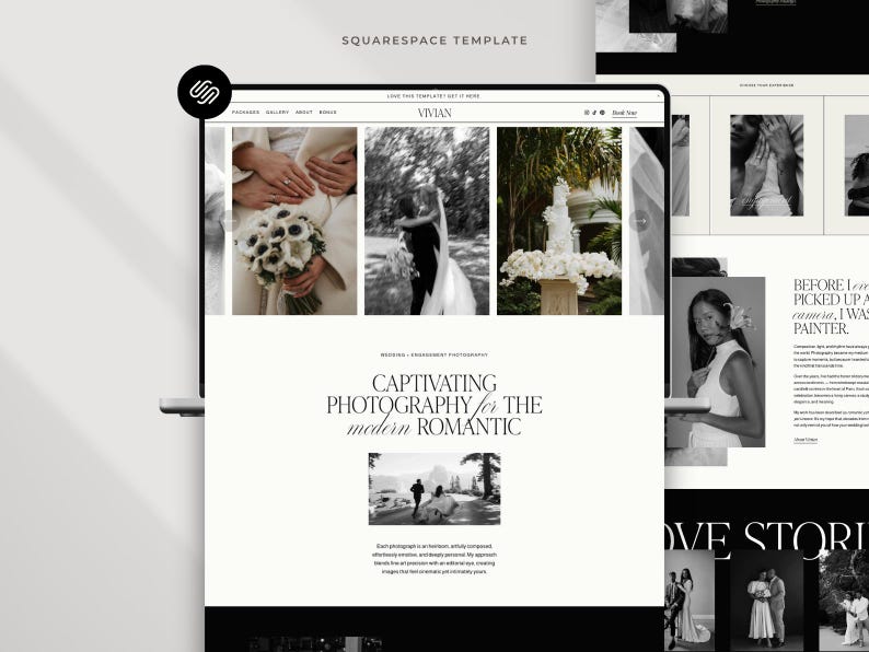 Squarespace website-sjabloon: Portfolio voor bruidsfotografen, familiefotografen, elegante evenementenplanning afbeelding 1