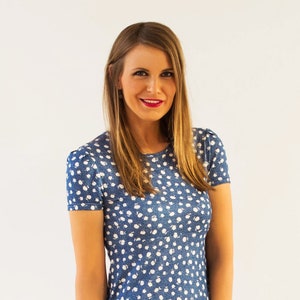 Another dress from AVA MilleFleur, denim blue and white, short sleeves, figure-flattering A-line.