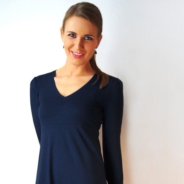 Kleid AVA V-Ausschnitt Langarm nachtblau figurgünstige A-Linie Länge nach Wahl