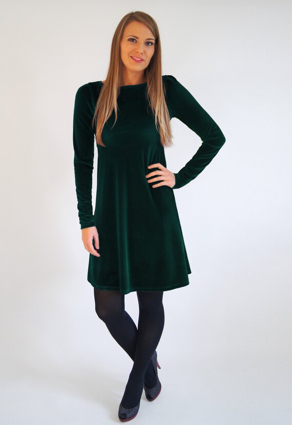 green velvet dress black tights Raven Crepe and Velvet Dress in Dark-Green – Rhea Costa main image 0